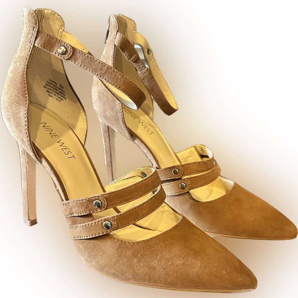 Nine West Tahiro tan suede leather heels